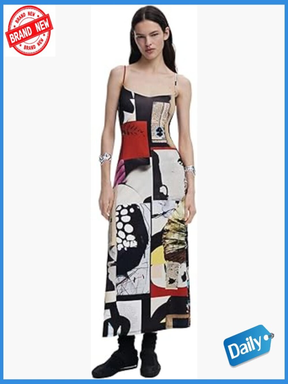 Midi A-Line Dress with Adjustable Straps, Round Neck, Zipper Back